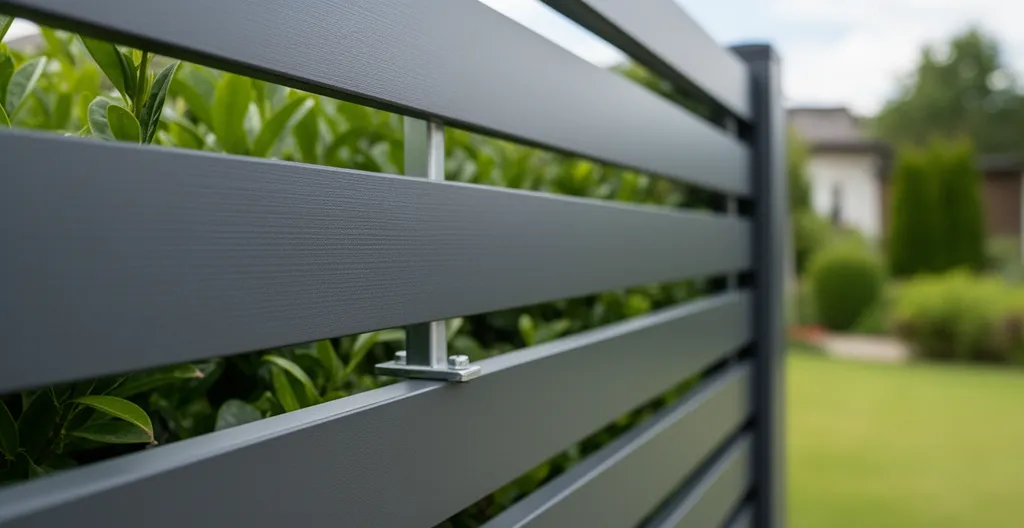 Detalle de valla de privacidad con lamas horizontales de aluminio gris antracita