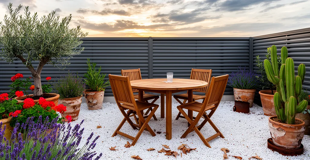 Terraza de jardín con mesa y sillas de exterior y valla de lamas horizontales al fondo