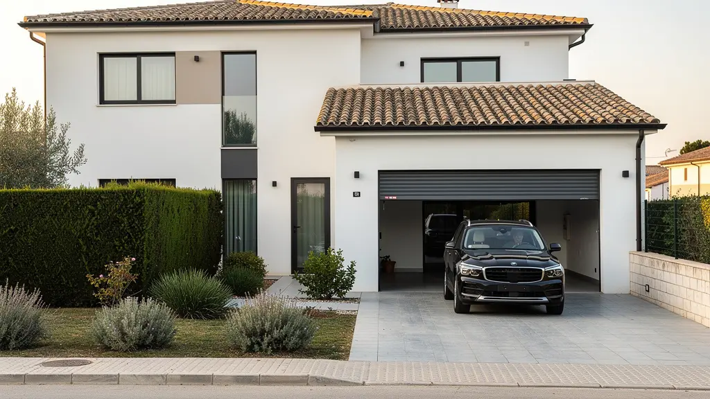 Puerta de garaje enrollable de aluminio instalada en fachada de chalet español con coche entrando