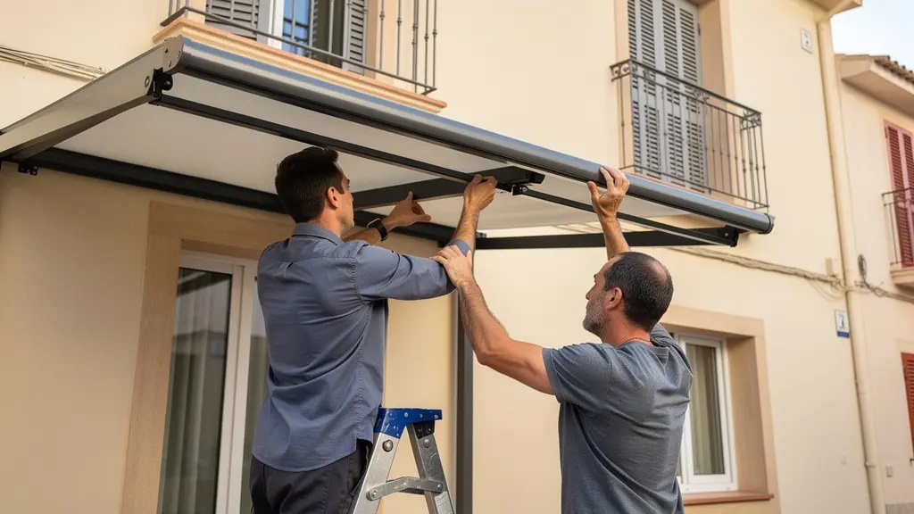 Dos personas instalando estructura de toldo en fachada residencial