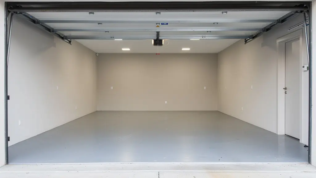 Interior de garaje español con puerta enrollable de aluminio mostrando cofre superior y espacio libre maximizado