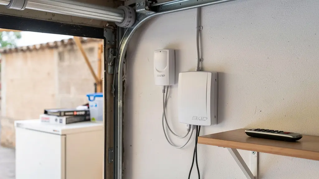 Sistema de motorización tubular con receptor de pared instalado en garaje residencial español