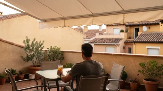 Terraza residencial mediterránea con toldo extensible protegiendo zona de estar